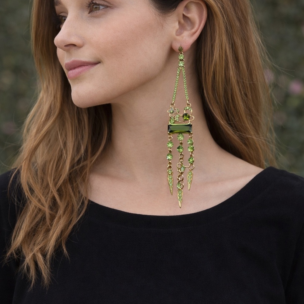 Elegant Swarovski crystals Green and Gold Dangle Earrings